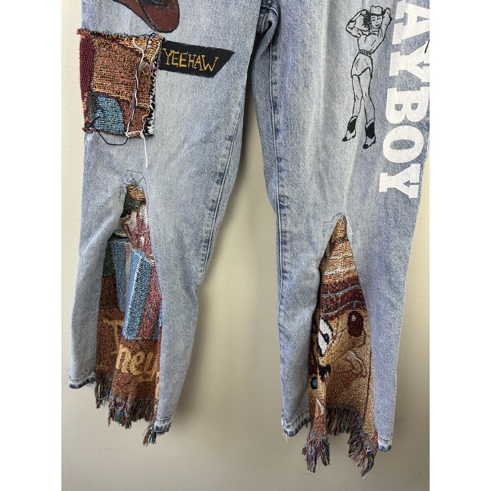 Playboy PacSun Reworked Upcycled Patchwork Denim Jeans Tapestry Boho Women's 27 - Picture 5 of 15